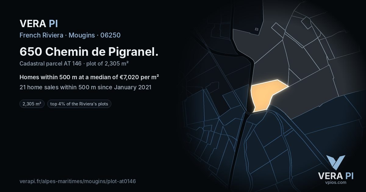 650 Chemin de Pigranel, Mougins at night – the plot lit, the parcels around coloured by the prices near them