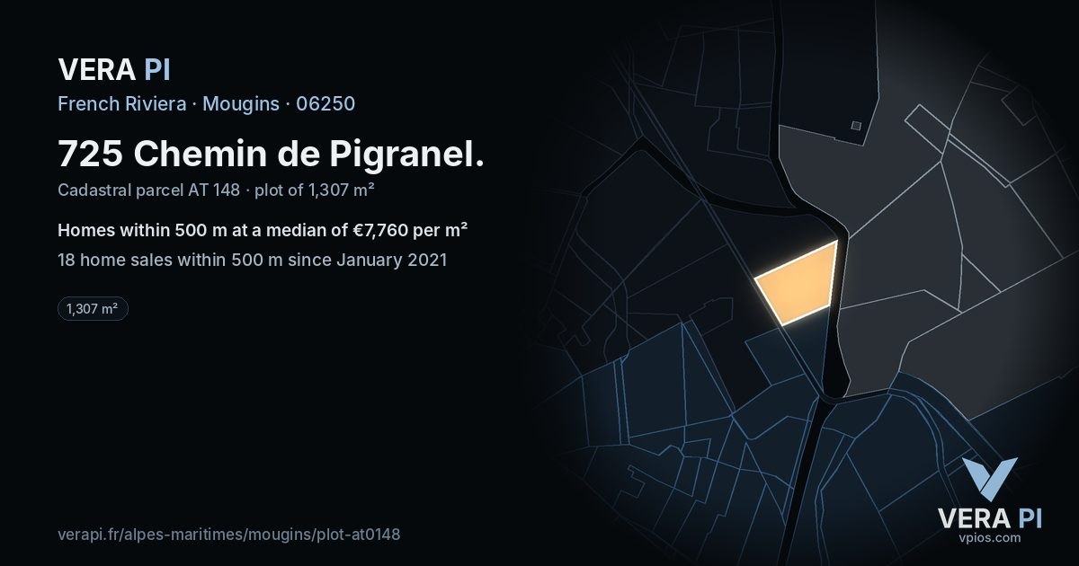 725 Chemin de Pigranel, Mougins at night – the plot lit, the parcels around coloured by the prices near them