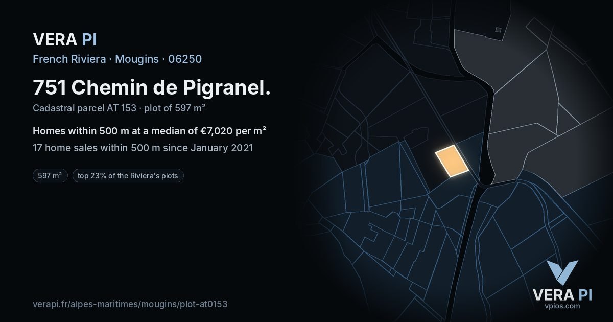 751 Chemin de Pigranel, Mougins at night – the plot lit, the parcels around coloured by the prices near them