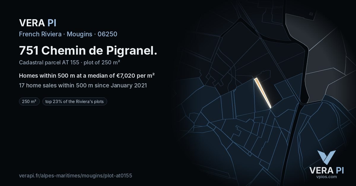 751 Chemin de Pigranel, Mougins at night – the plot lit, the parcels around coloured by the prices near them