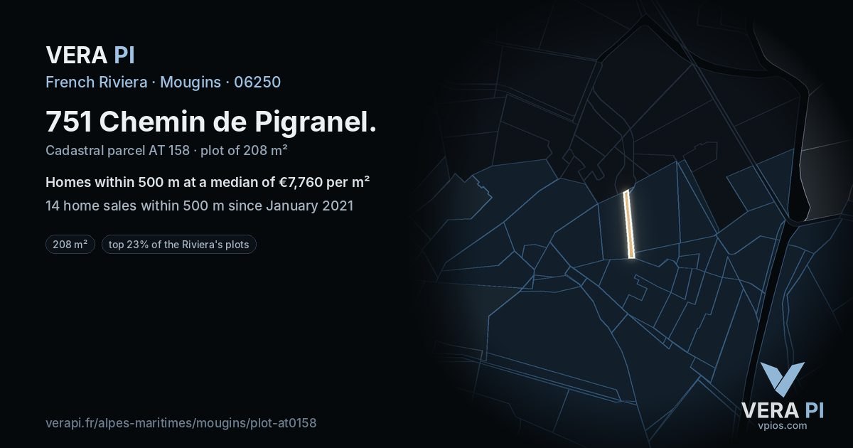 751 Chemin de Pigranel, Mougins at night – the plot lit, the parcels around coloured by the prices near them