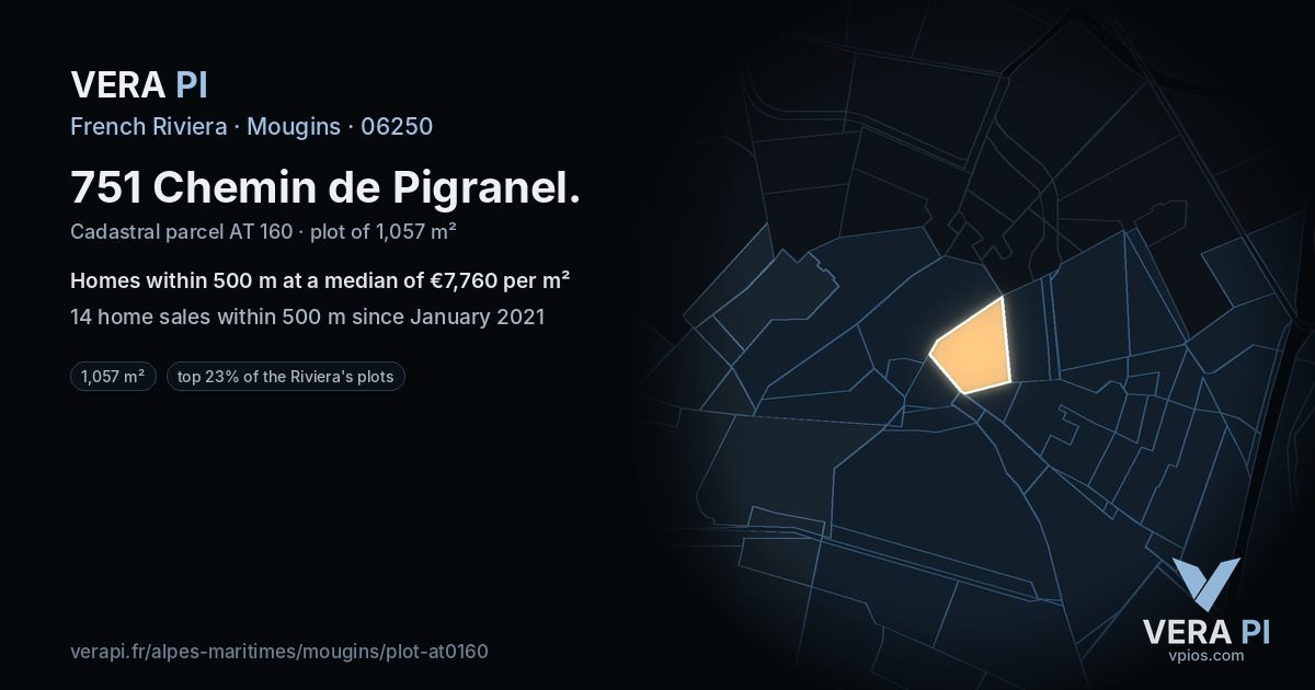 751 Chemin de Pigranel, Mougins at night – the plot lit, the parcels around coloured by the prices near them