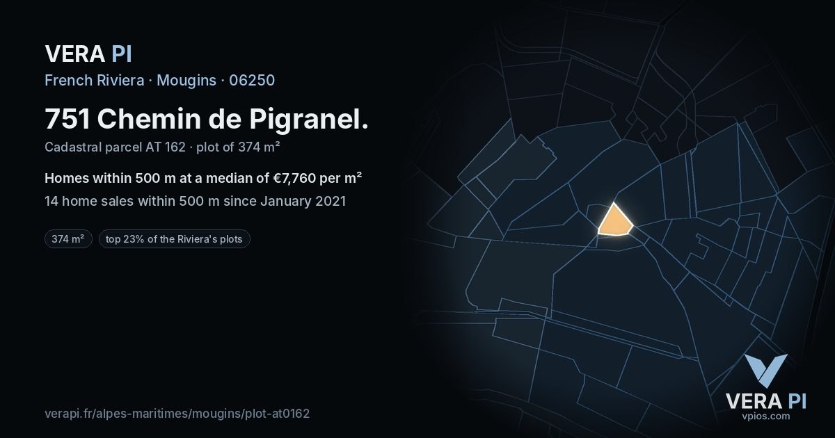 751 Chemin de Pigranel, Mougins at night – the plot lit, the parcels around coloured by the prices near them