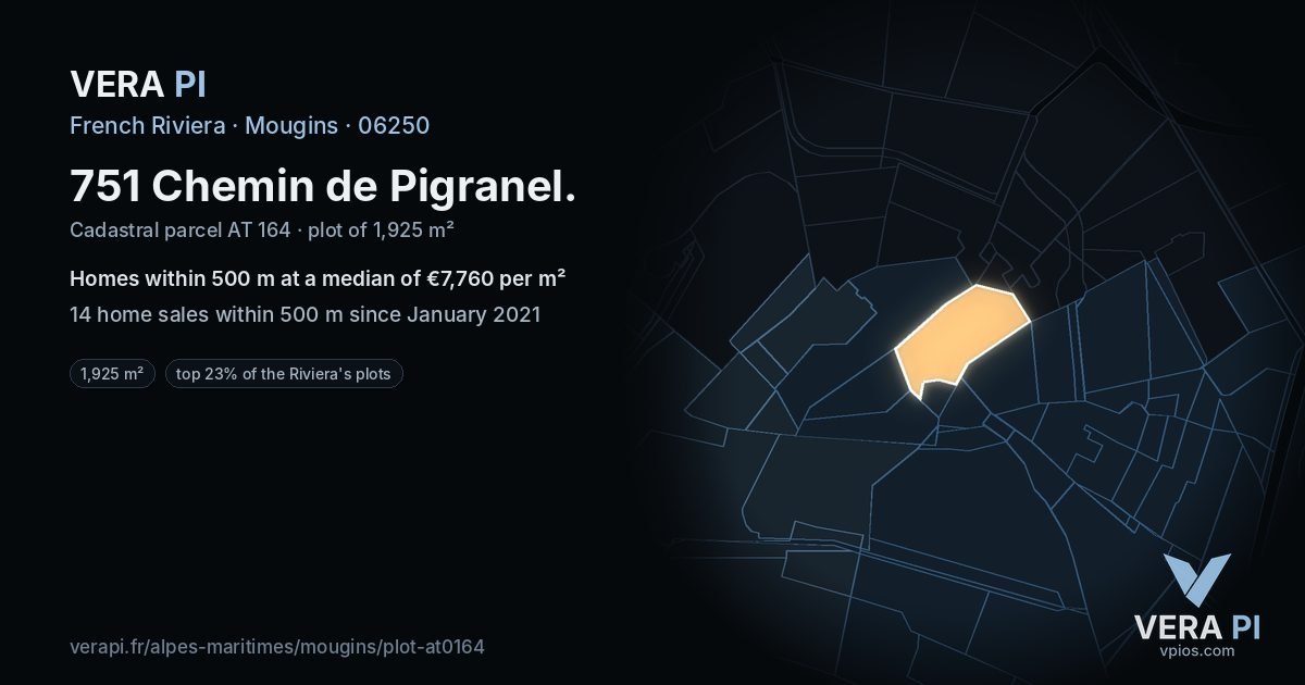 751 Chemin de Pigranel, Mougins at night – the plot lit, the parcels around coloured by the prices near them