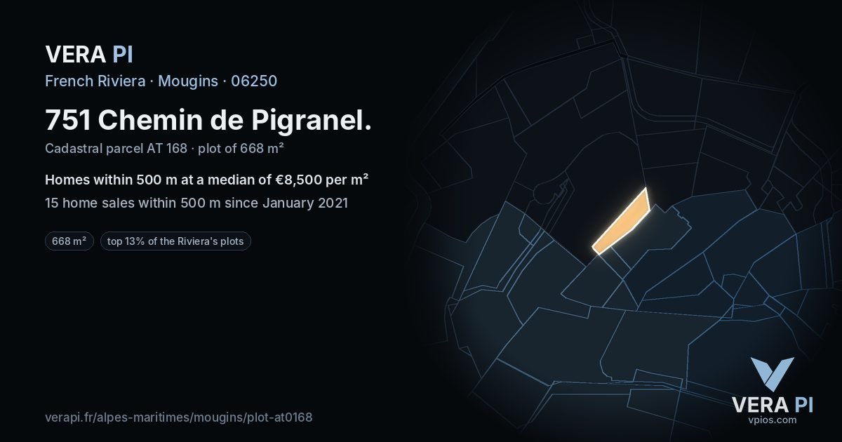 751 Chemin de Pigranel, Mougins at night – the plot lit, the parcels around coloured by the prices near them