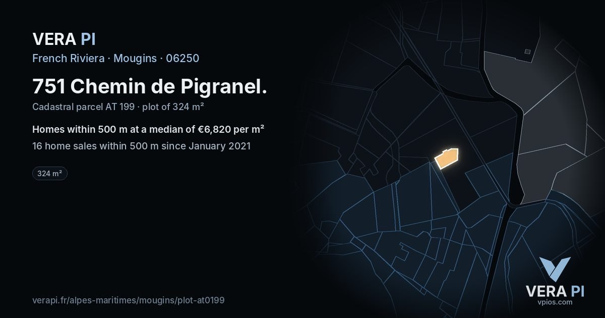 751 Chemin de Pigranel, Mougins at night – the plot lit, the parcels around coloured by the prices near them