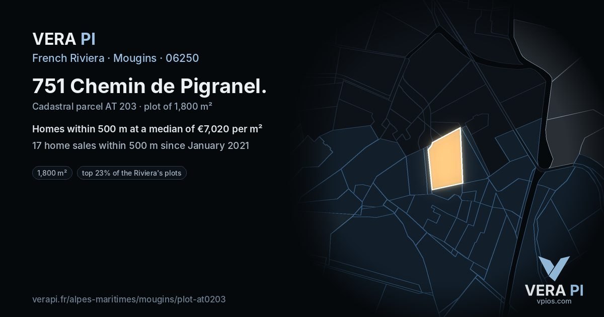 751 Chemin de Pigranel, Mougins at night – the plot lit, the parcels around coloured by the prices near them