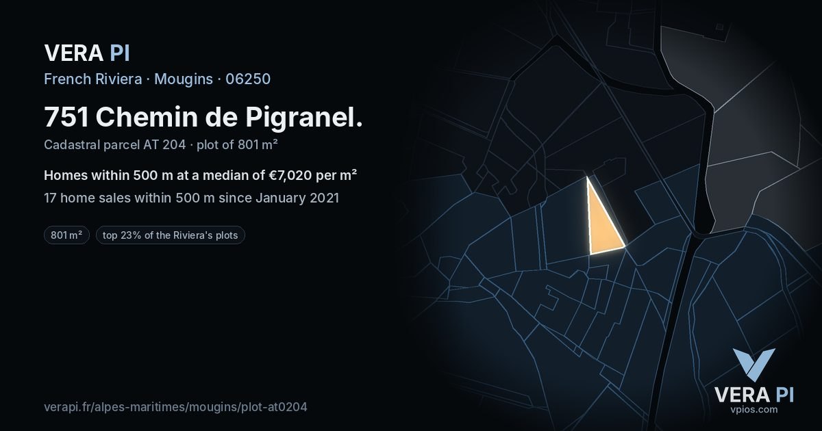 751 Chemin de Pigranel, Mougins at night – the plot lit, the parcels around coloured by the prices near them