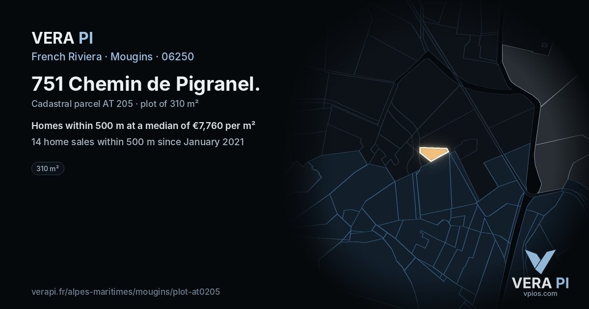 751 Chemin de Pigranel, Mougins at night – the plot lit, the parcels around coloured by the prices near them