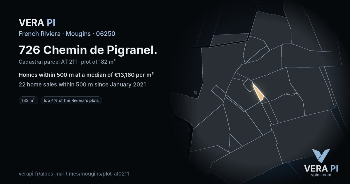 726 Chemin de Pigranel, Mougins at night – the plot lit, the parcels around coloured by the prices near them