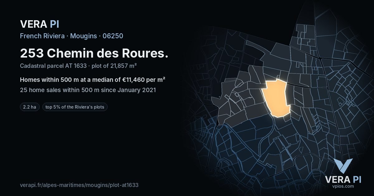 253 Chemin des Roures, Mougins at night – the plot lit, the parcels around coloured by the prices near them