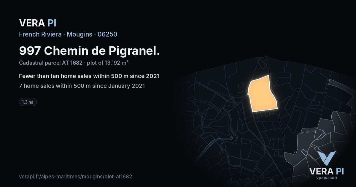 997 Chemin de Pigranel, Mougins at night – the plot lit, the parcels around coloured by the prices near them