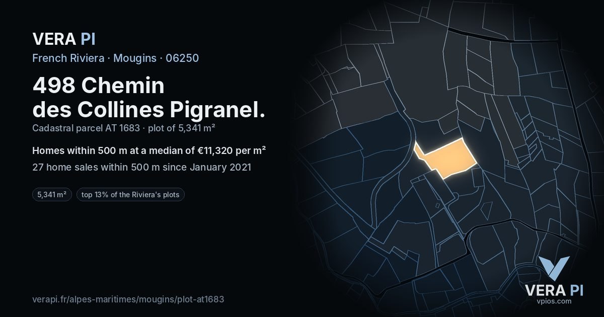 498 Chemin des Collines Pigranel, Mougins at night – the plot lit, the parcels around coloured by the prices near them