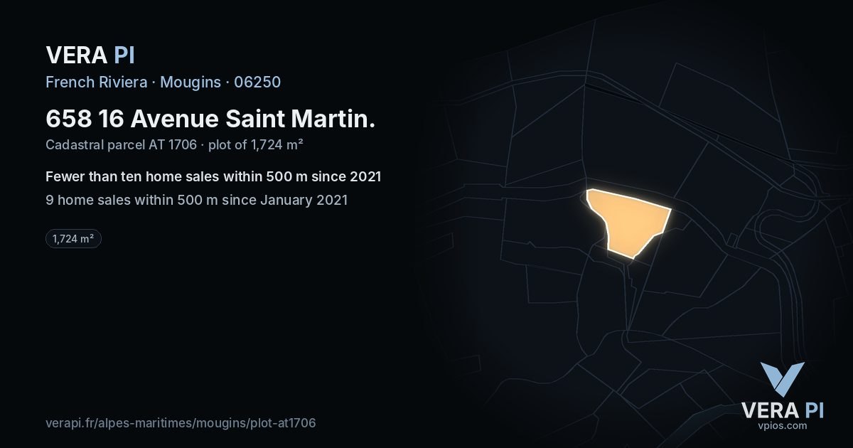 658 16 Avenue Saint Martin, Mougins at night – the plot lit, the parcels around coloured by the prices near them