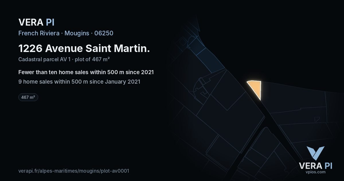 1226 Avenue Saint Martin, Mougins at night – the plot lit, the parcels around coloured by the prices near them