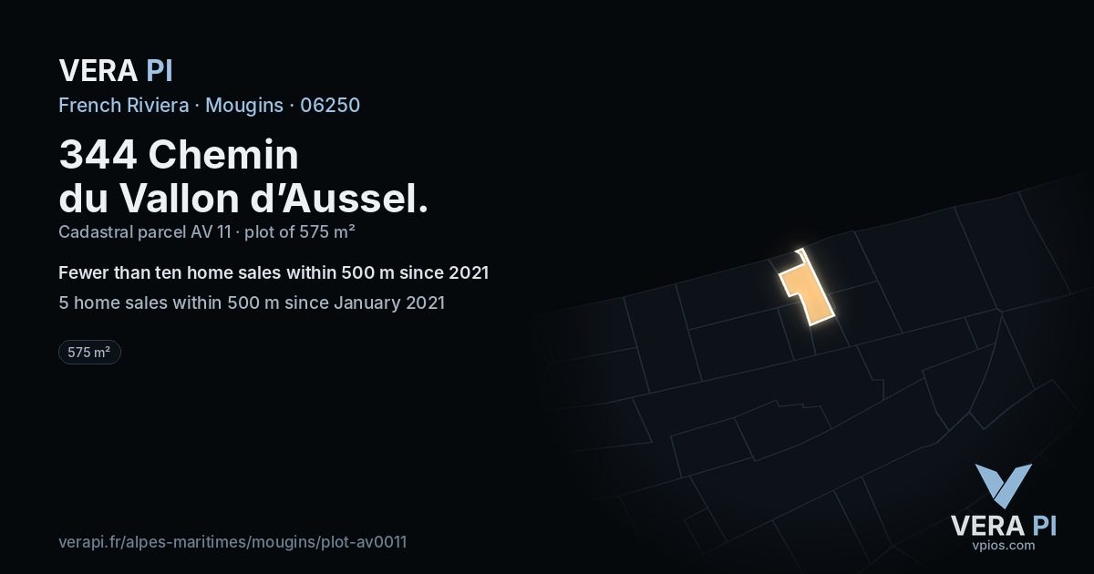 344 Chemin du Vallon d’Aussel, Mougins at night – the plot lit, the parcels around coloured by the prices near them