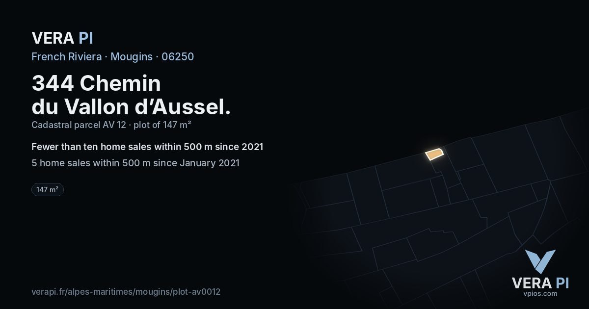 344 Chemin du Vallon d’Aussel, Mougins at night – the plot lit, the parcels around coloured by the prices near them