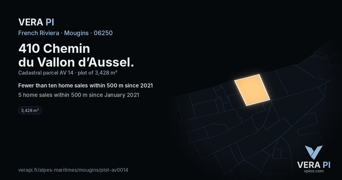 410 Chemin du Vallon d’Aussel, Mougins at night – the plot lit, the parcels around coloured by the prices near them