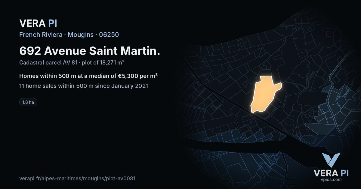 692 Avenue Saint Martin, Mougins at night – the plot lit, the parcels around coloured by the prices near them