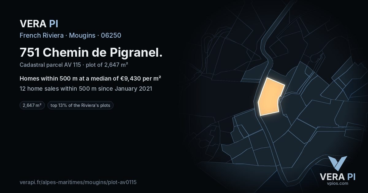 751 Chemin de Pigranel, Mougins at night – the plot lit, the parcels around coloured by the prices near them