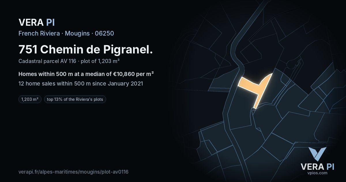 751 Chemin de Pigranel, Mougins at night – the plot lit, the parcels around coloured by the prices near them