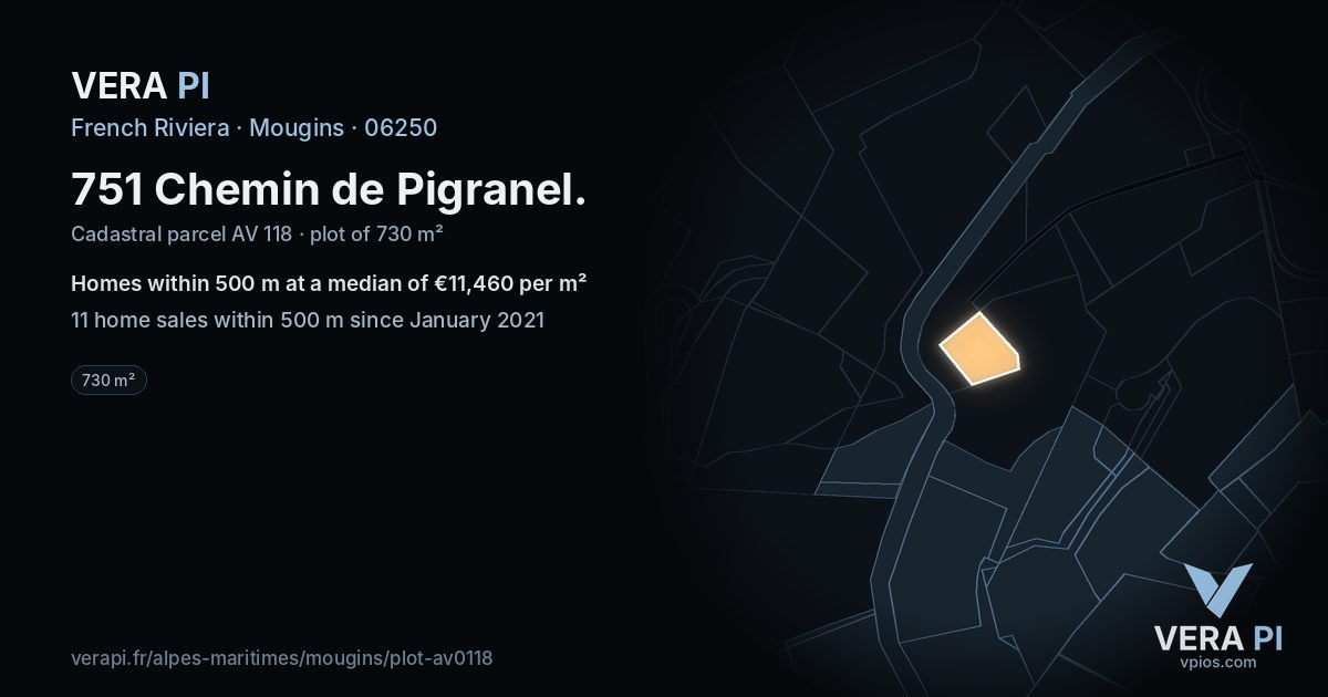 751 Chemin de Pigranel, Mougins at night – the plot lit, the parcels around coloured by the prices near them