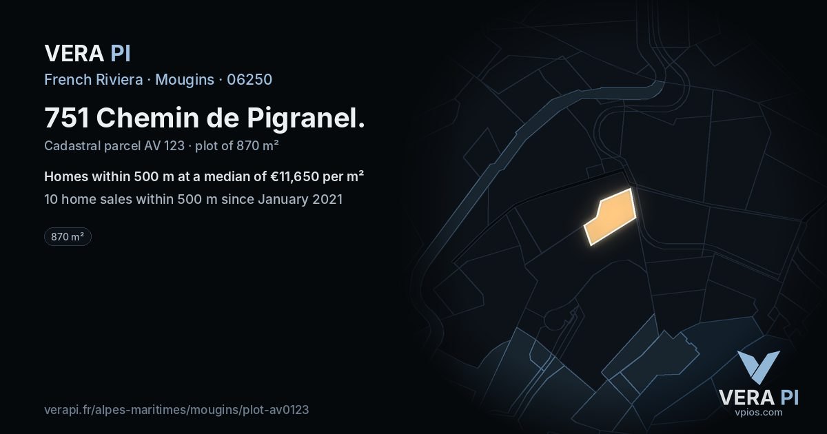 751 Chemin de Pigranel, Mougins at night – the plot lit, the parcels around coloured by the prices near them