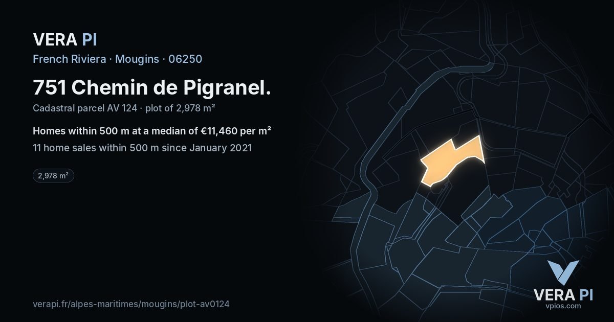751 Chemin de Pigranel, Mougins at night – the plot lit, the parcels around coloured by the prices near them
