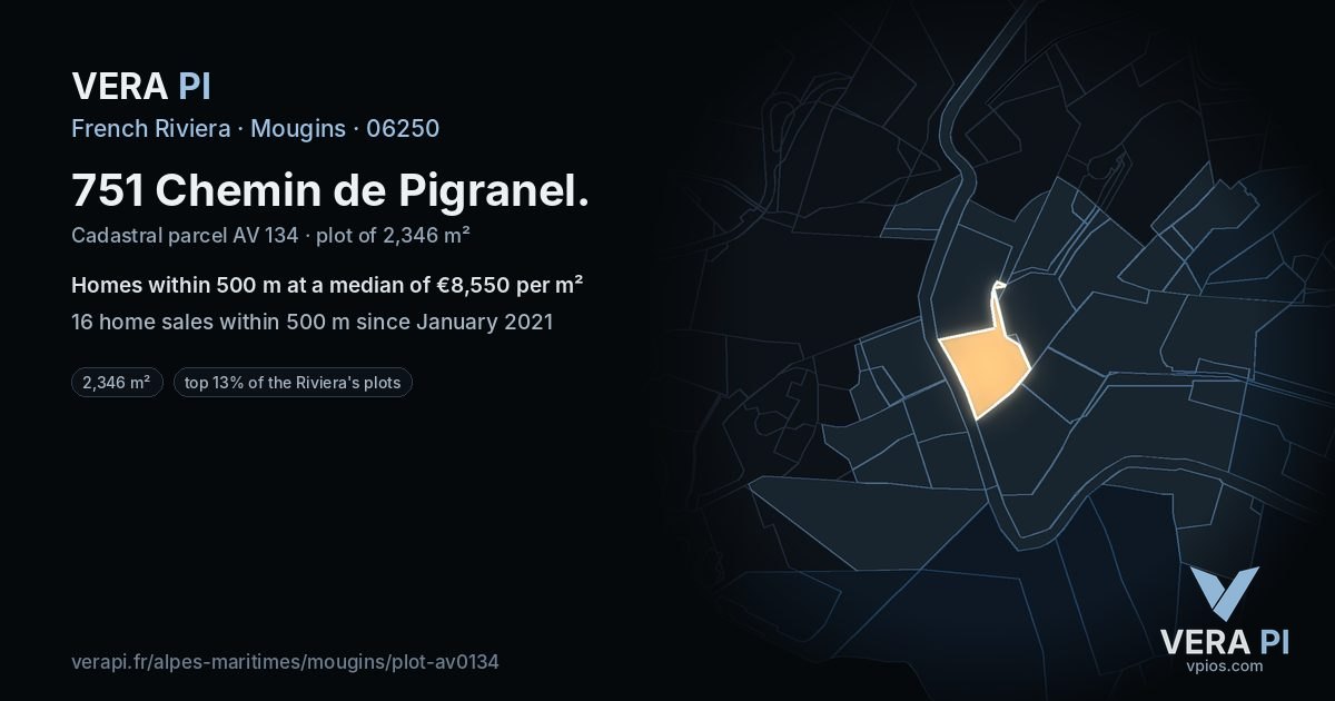 751 Chemin de Pigranel, Mougins at night – the plot lit, the parcels around coloured by the prices near them