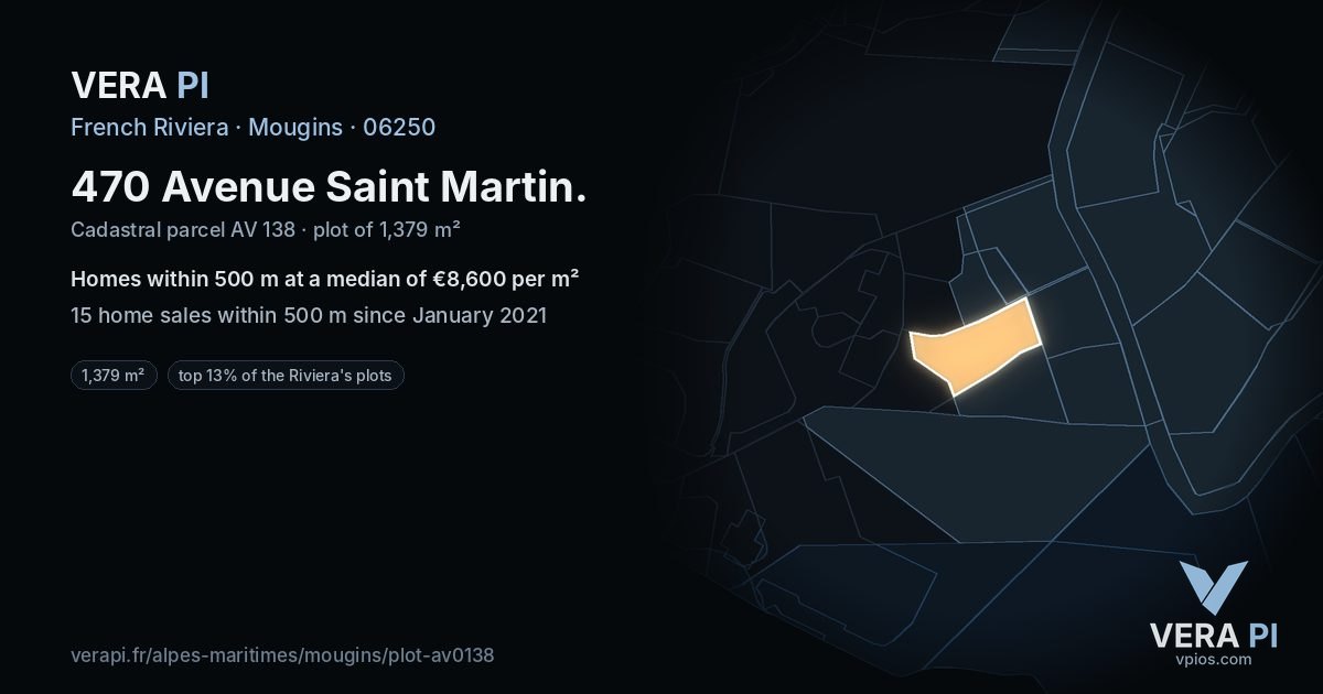 470 Avenue Saint Martin, Mougins at night – the plot lit, the parcels around coloured by the prices near them
