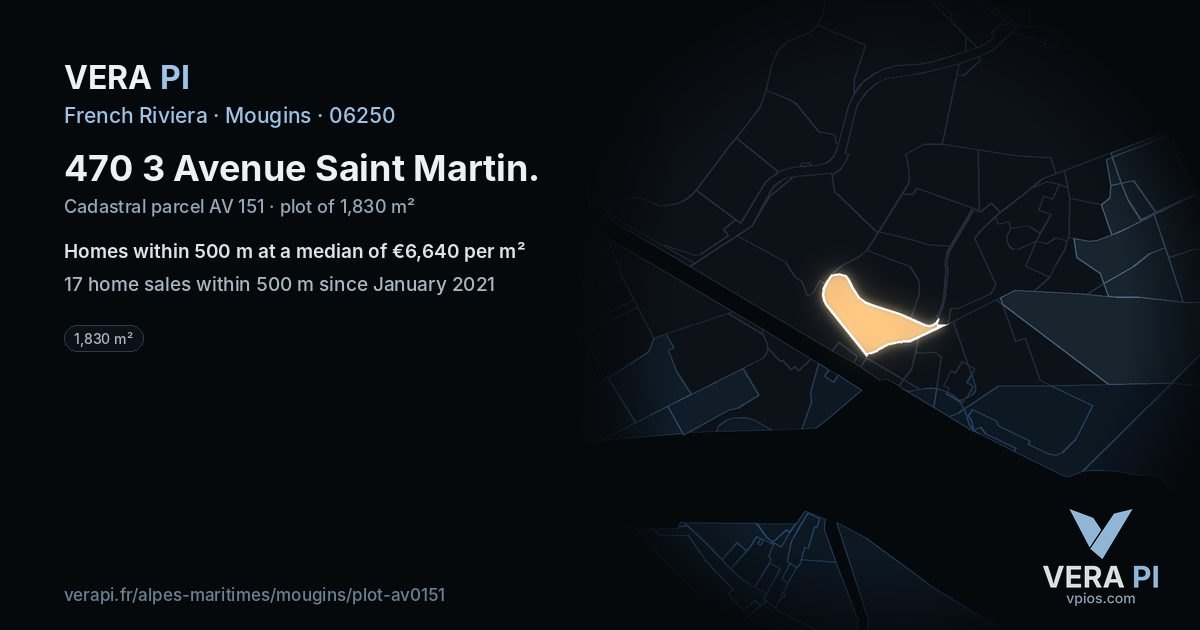 470 3 Avenue Saint Martin, Mougins at night – the plot lit, the parcels around coloured by the prices near them
