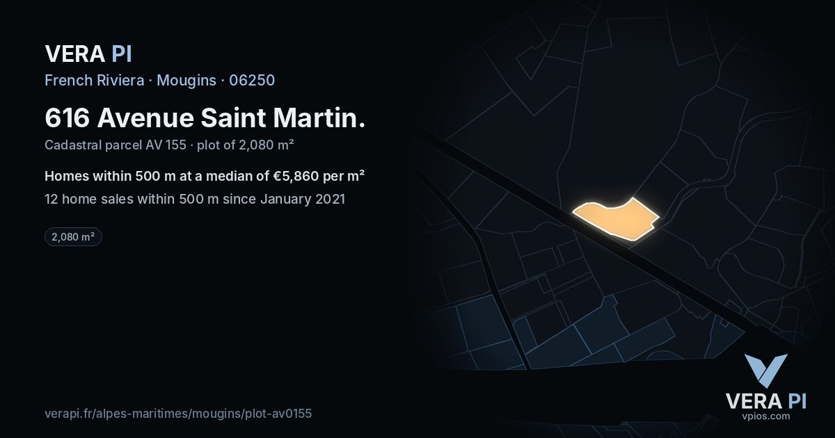 616 Avenue Saint Martin, Mougins at night – the plot lit, the parcels around coloured by the prices near them