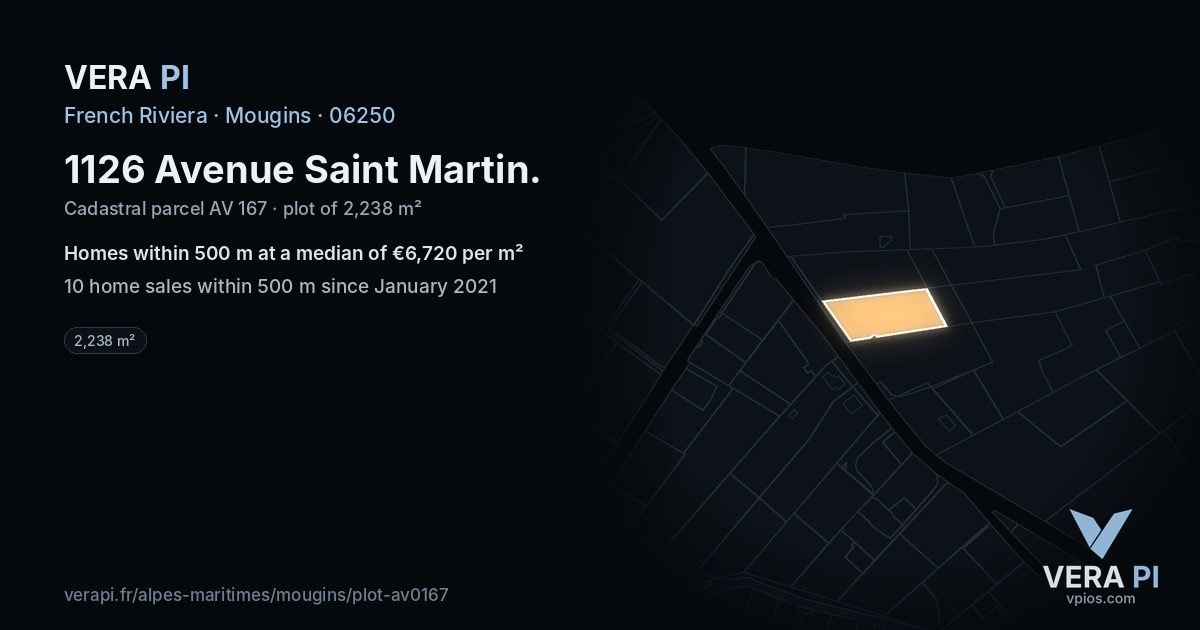 1126 Avenue Saint Martin, Mougins at night – the plot lit, the parcels around coloured by the prices near them