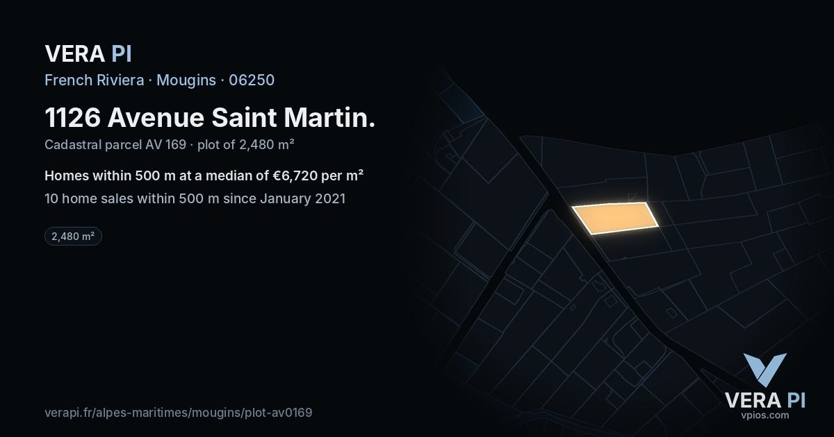 1126 Avenue Saint Martin, Mougins at night – the plot lit, the parcels around coloured by the prices near them