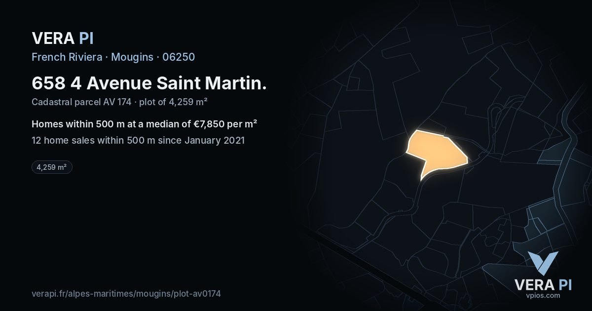 658 4 Avenue Saint Martin, Mougins at night – the plot lit, the parcels around coloured by the prices near them