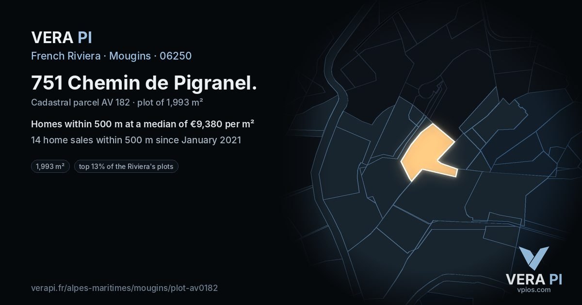 751 Chemin de Pigranel, Mougins at night – the plot lit, the parcels around coloured by the prices near them