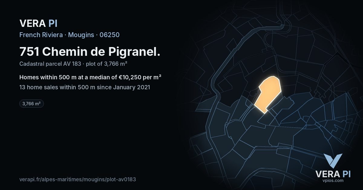 751 Chemin de Pigranel, Mougins at night – the plot lit, the parcels around coloured by the prices near them