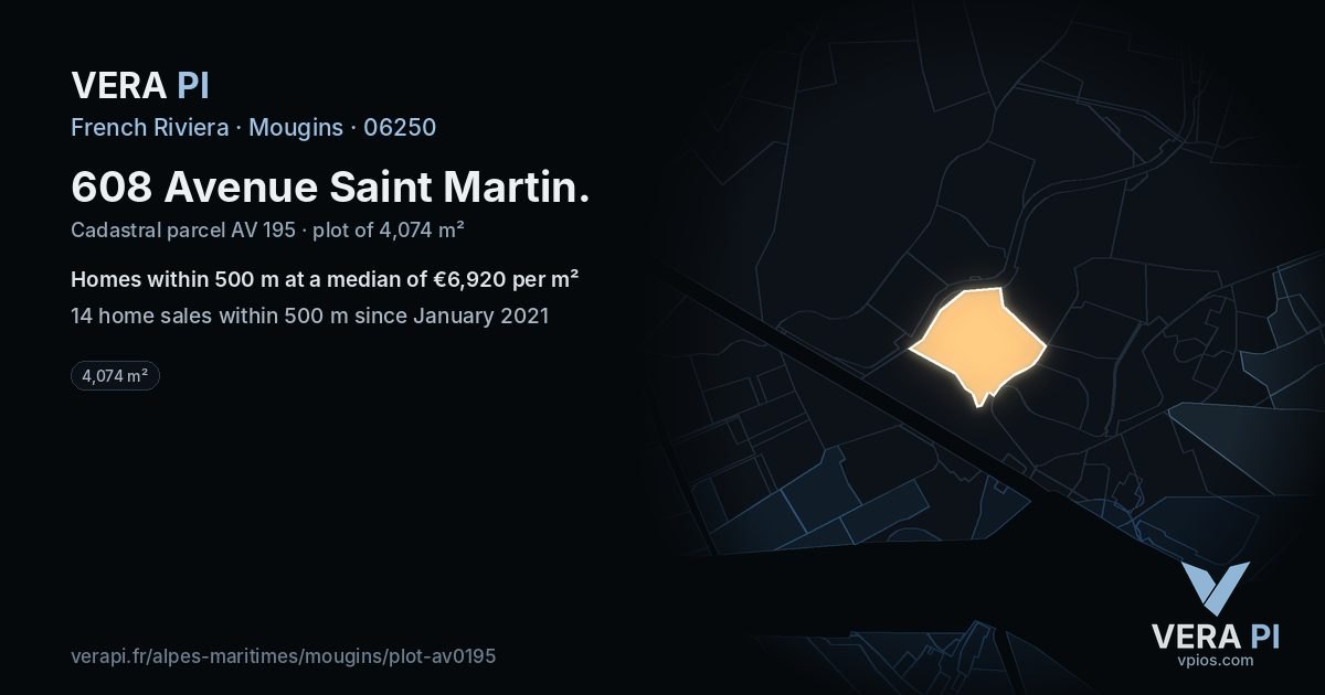 608 Avenue Saint Martin, Mougins at night – the plot lit, the parcels around coloured by the prices near them
