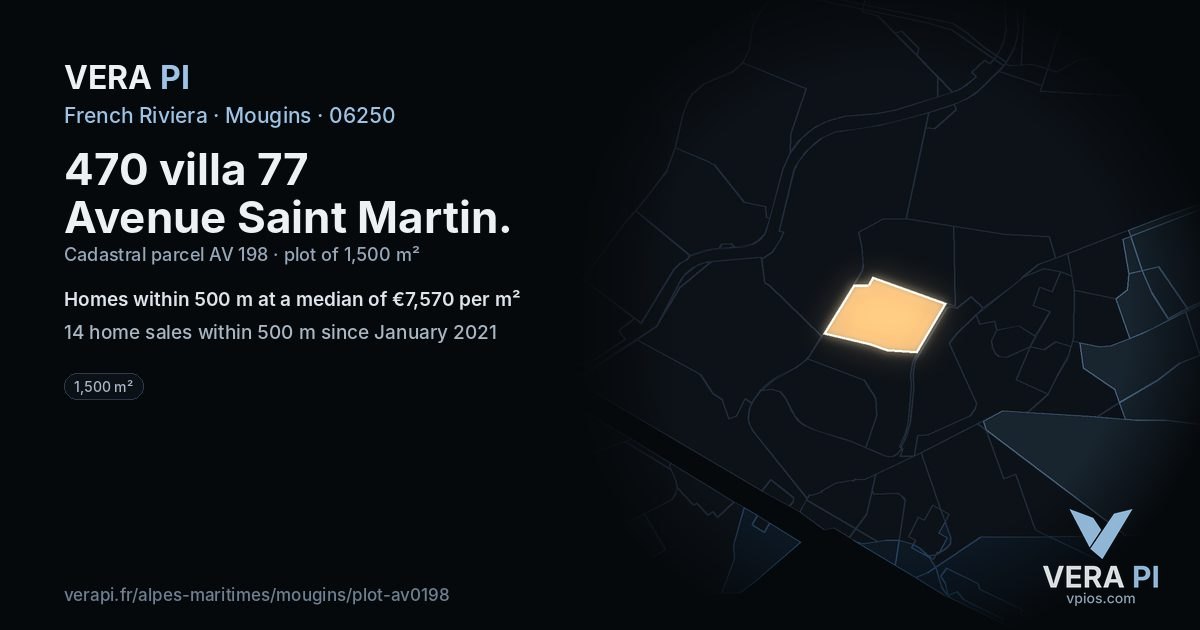 470 villa 77 Avenue Saint Martin, Mougins at night – the plot lit, the parcels around coloured by the prices near them