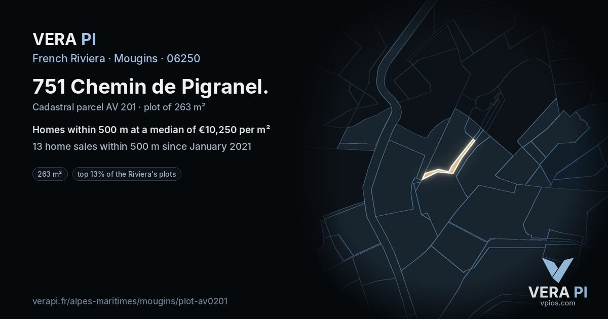 751 Chemin de Pigranel, Mougins at night – the plot lit, the parcels around coloured by the prices near them