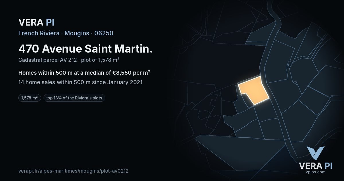470 Avenue Saint Martin, Mougins at night – the plot lit, the parcels around coloured by the prices near them
