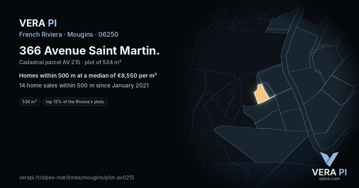 366 Avenue Saint Martin, Mougins at night – the plot lit, the parcels around coloured by the prices near them