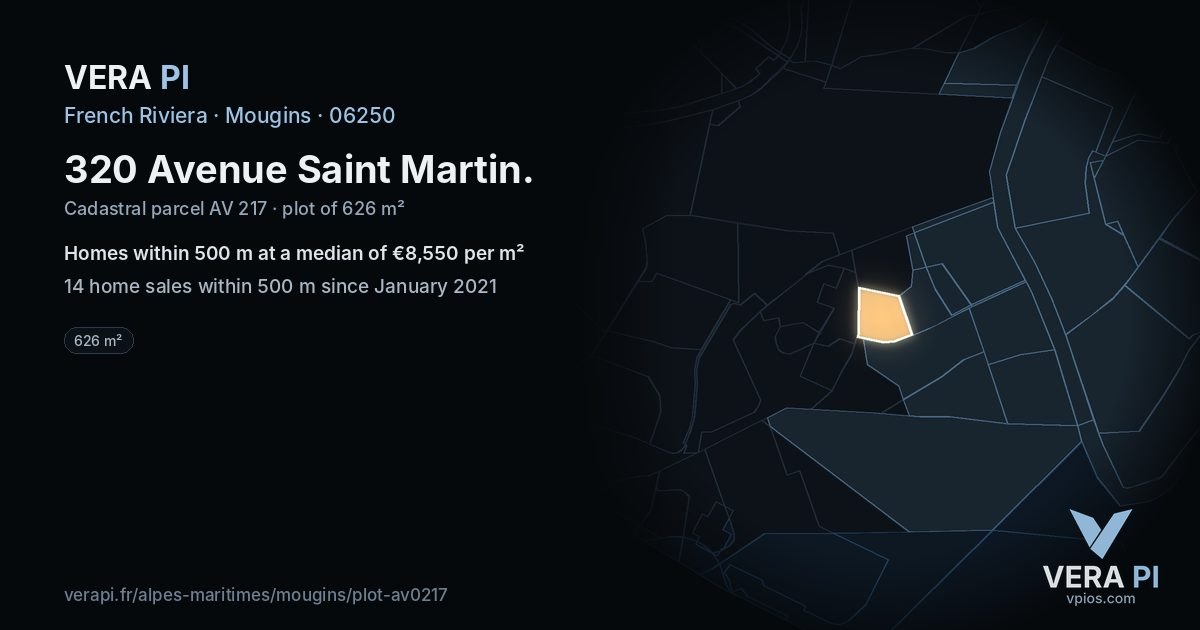 320 Avenue Saint Martin, Mougins at night – the plot lit, the parcels around coloured by the prices near them