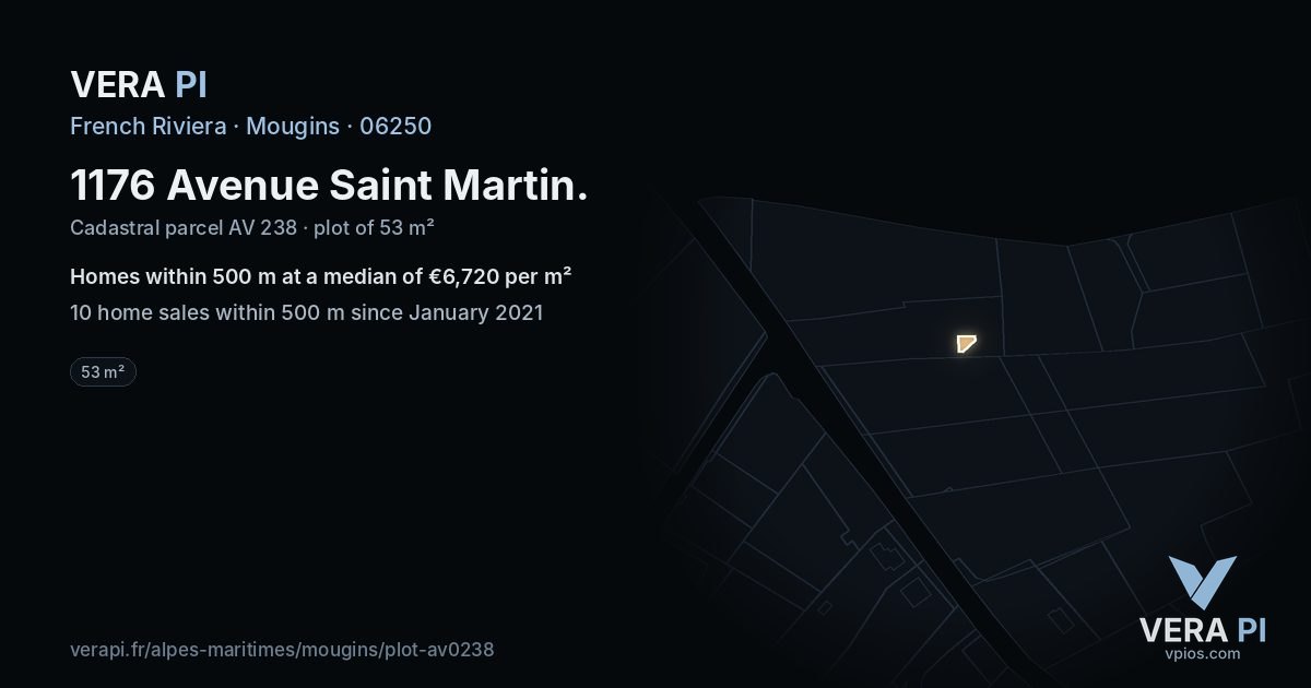 1176 Avenue Saint Martin, Mougins at night – the plot lit, the parcels around coloured by the prices near them