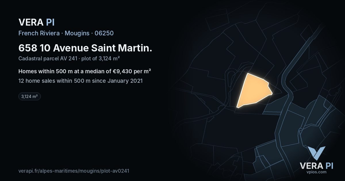658 10 Avenue Saint Martin, Mougins at night – the plot lit, the parcels around coloured by the prices near them