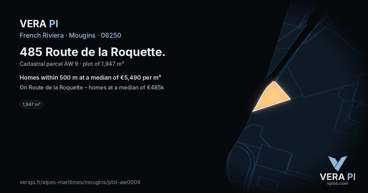 485 Route de la Roquette, Mougins at night – the plot lit, the parcels around coloured by the prices near them