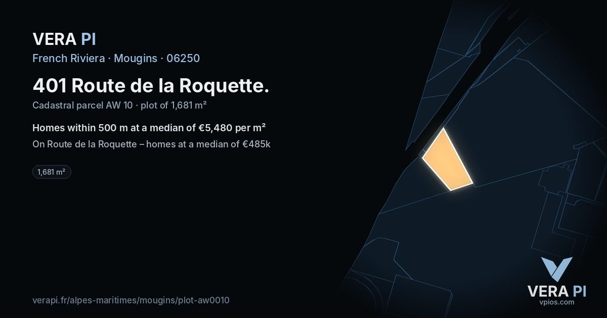 401 Route de la Roquette, Mougins at night – the plot lit, the parcels around coloured by the prices near them