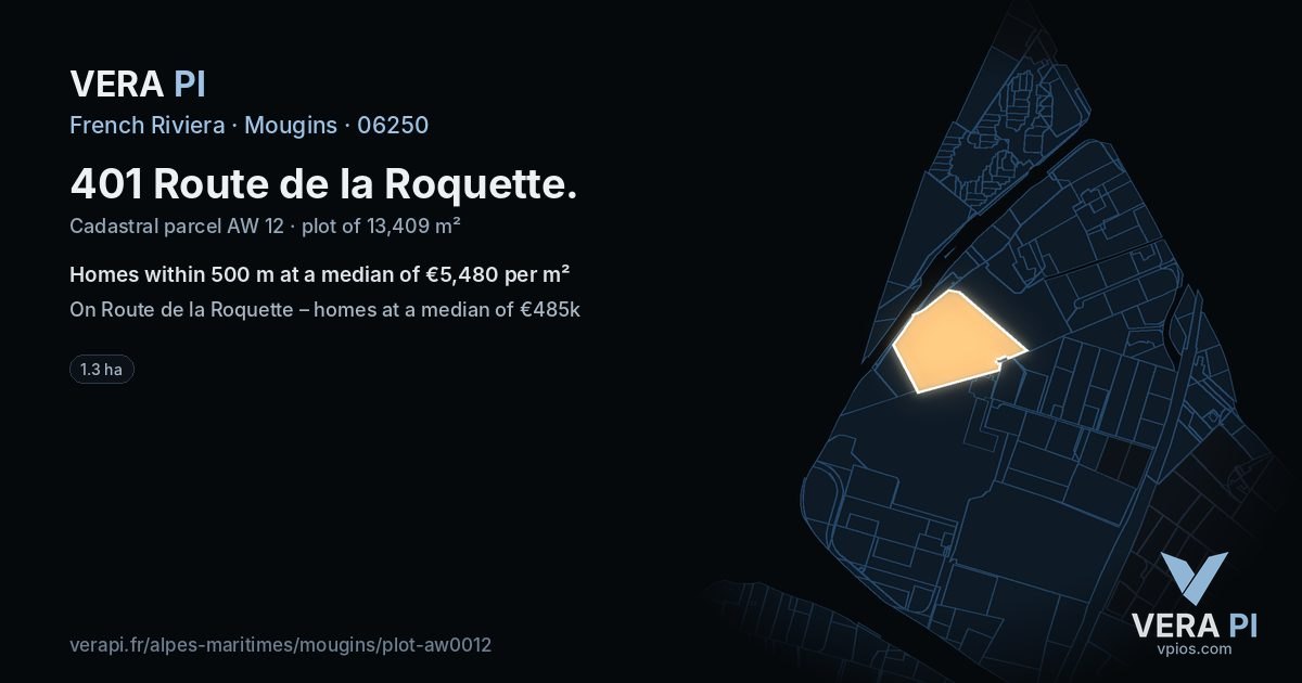 401 Route de la Roquette, Mougins at night – the plot lit, the parcels around coloured by the prices near them