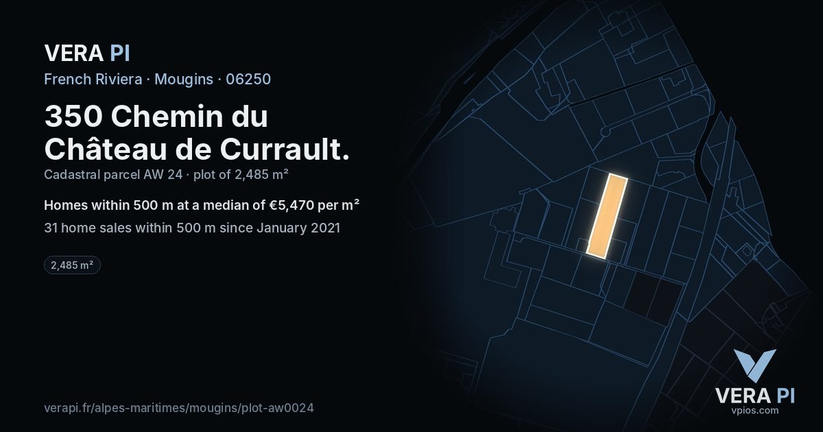 350 Chemin du Château de Currault, Mougins at night – the plot lit, the parcels around coloured by the prices near them