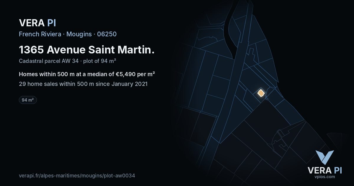 1365 Avenue Saint Martin, Mougins at night – the plot lit, the parcels around coloured by the prices near them